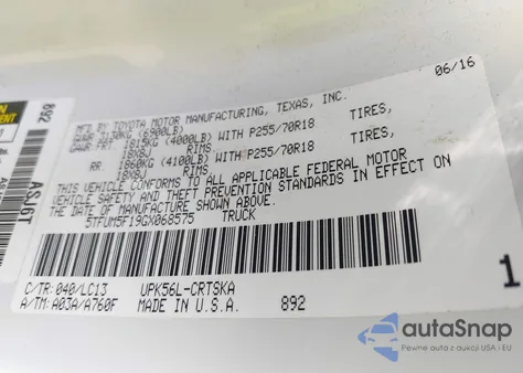 2016 Toyota Tundra Sr 4.6L V8 из США, поврежденный, VIN 5TFUM5F19GX068575